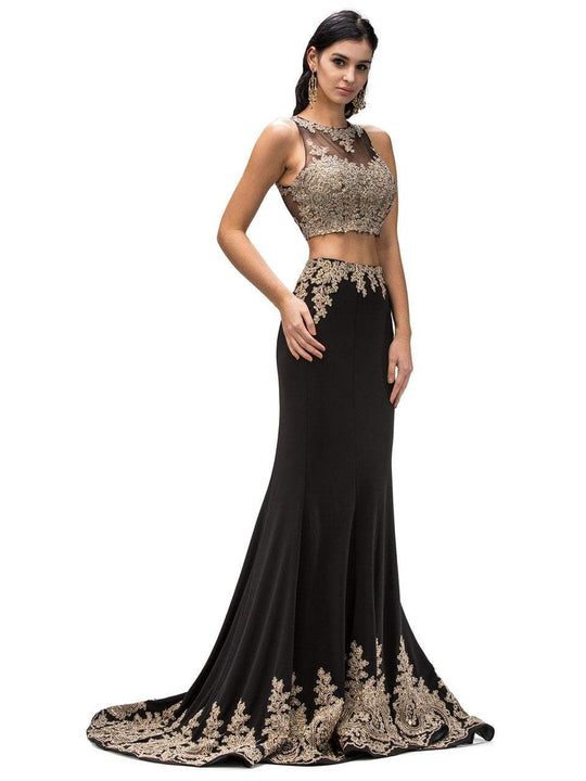 Dancing Queen - 9391 Gilded Lace High Neck Mermaid Dress in Black