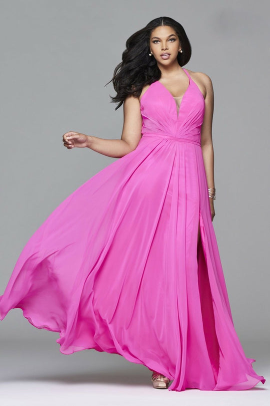 9397 Long flare chiffon v-neck with lace-up back