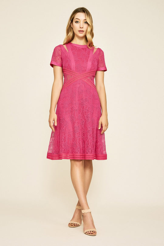 Tadashi Shoji - Short Sleeves Jewel Laced Dress In Pink