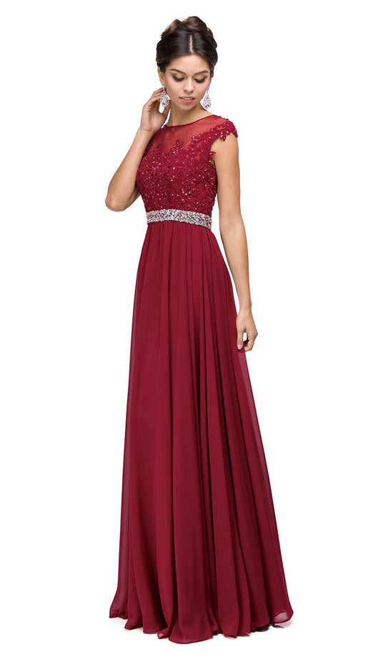 Dancing Queen - 9400 Illusion Neckline Beaded Belt A-Line Dress In Red