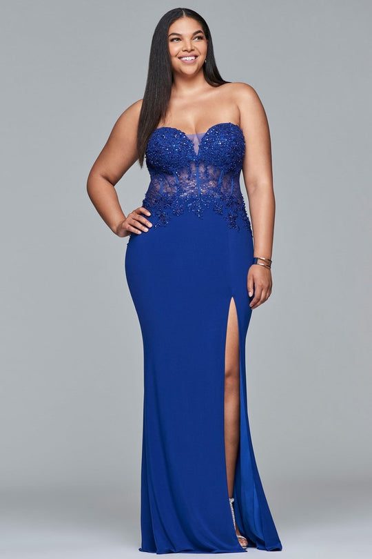 9412 Long jersey evening dress with sequin bodice