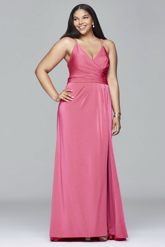 9414 Faile satin v-neck evening dress with draped front