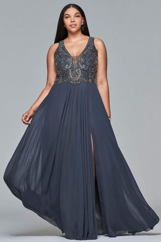 9420 Beaded Plunging V Neck A-Line Dress