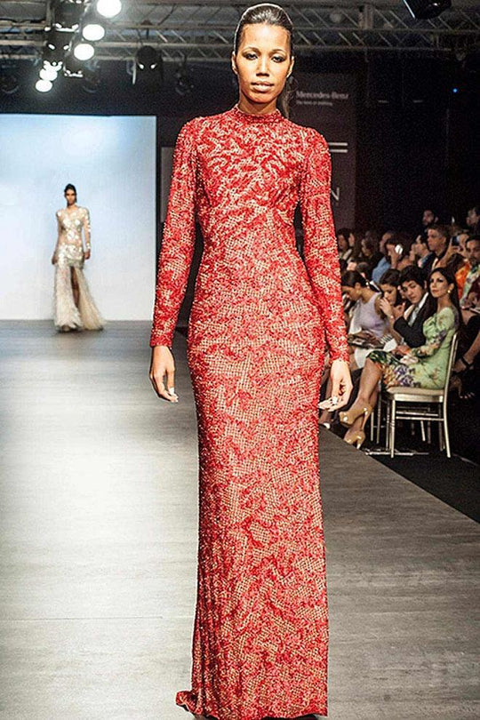 94227 Long Sleeve Lace Column Dress