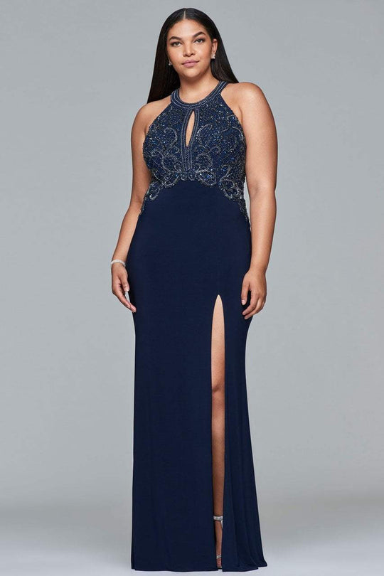 9423 Beaded Halter Gown with Slit