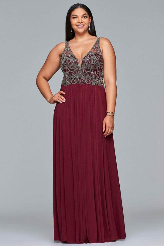 9424 Beaded Plunging V Neck Evening Gown