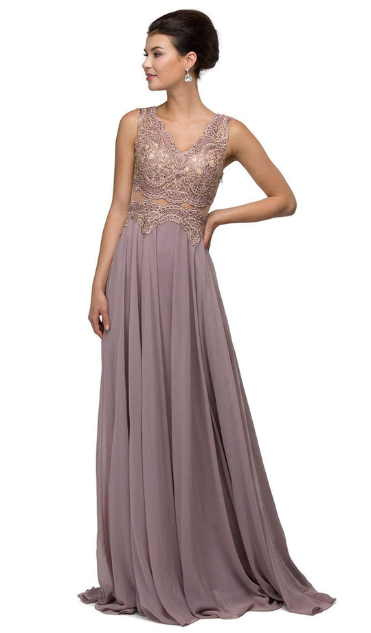 Dancing Queen - 9429 Embroidered V-Neck A-Line Long Prom Dress