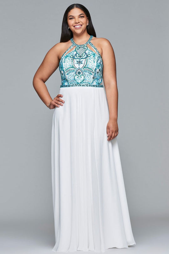 9434 Beaded Halter A-line Dress