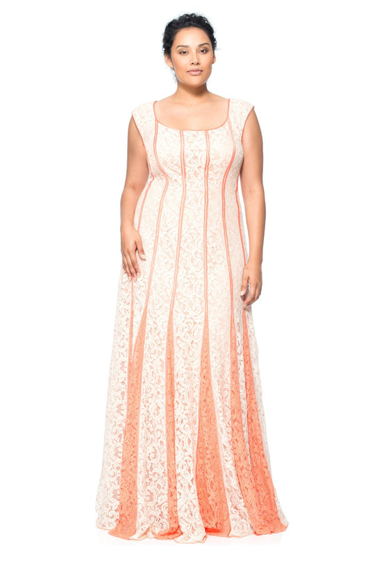 Tadashi Shoji - Godet Inset Lace Trumpet Gown In White and Orange