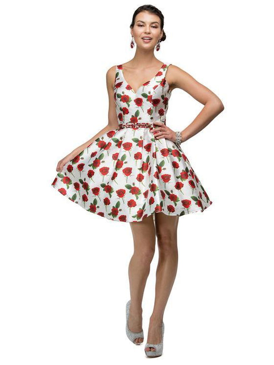 Dancing Queen - V-Neck Floral Dress in White and Red