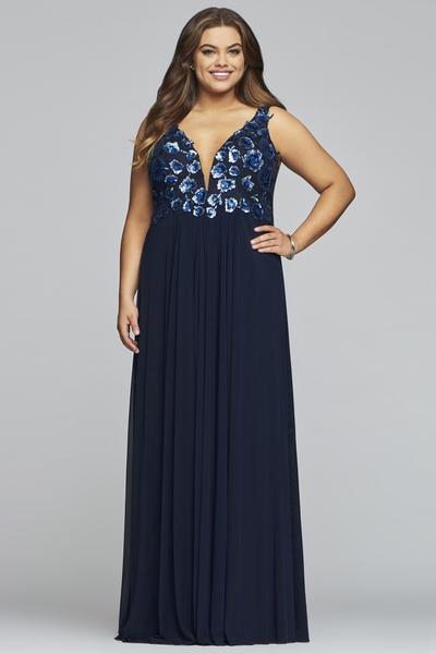 Faviana - 9443 Ombre Appliqued Plunging V-Neck Dress in Blue