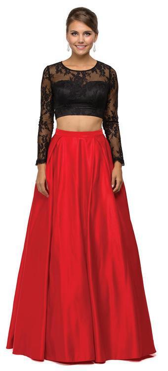Dancing Queen - Two-Piece Long-Sleeved Lace Evening Gown 9445 in Black/Red