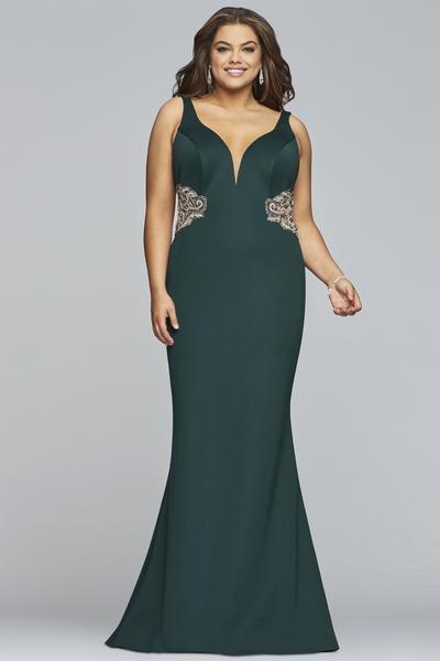Faviana - 9448 Beaded Illusion Cutout Plunging V-Neck Gown in Green