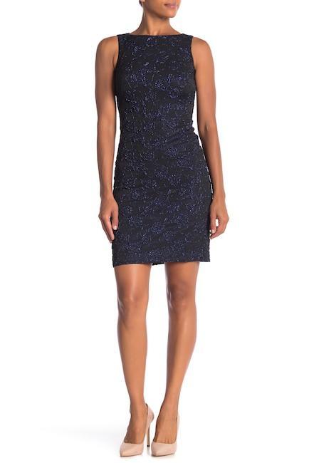 Donna Ricco - DR50022 Sleeveless Bateau Jacquard Sheath Dress In Blue and Black