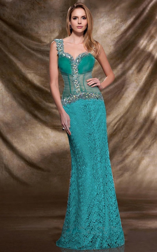MNM Couture - 9453 Illusion Ornate Lace Gown in Green