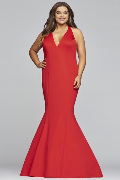 Faviana - 9454 Luxe Jersey Halter V-neck Mermaid Dress In Red