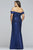 Faviana - 9457 Pleated Off-Shoulder Metallic Jersey Sheath Dress In Blue