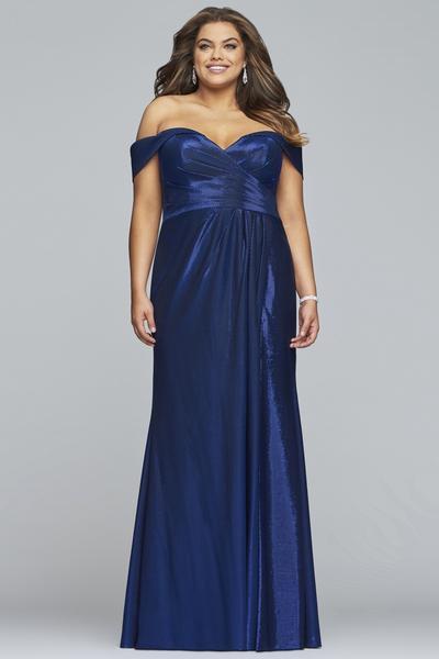 Faviana - 9457 Pleated Off-Shoulder Metallic Jersey Sheath Dress In Blue