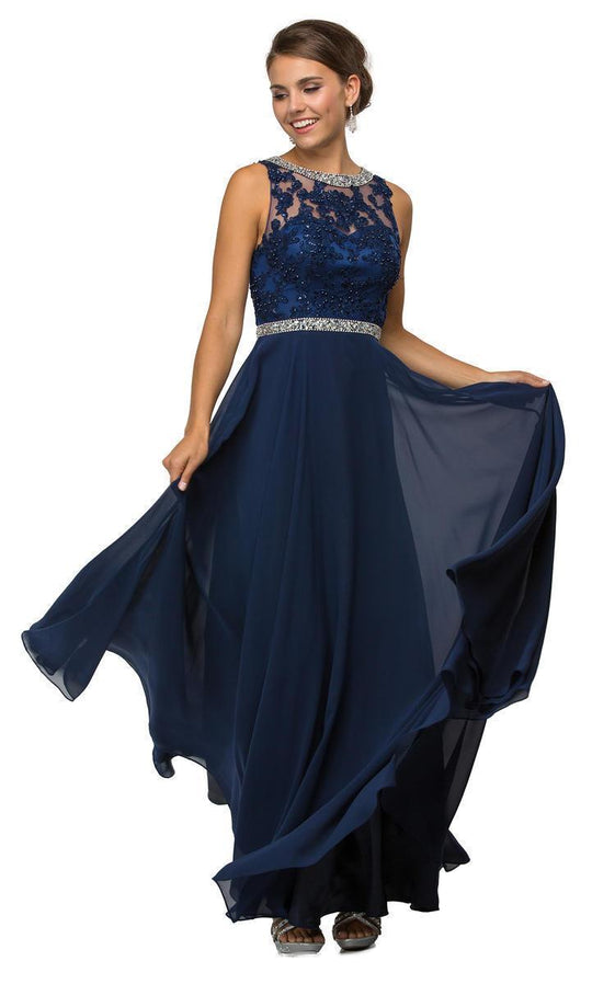 Dancing Queen - 9458 Beaded Illusion Lace Applique A-Line Dress in Blue