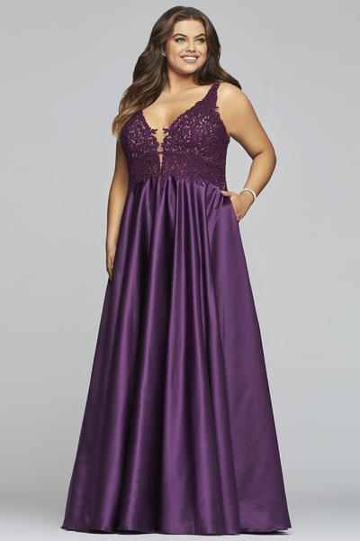 Faviana - 9462 Applique V-neck Satin Ballgown in Purple