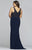 Faviana - 9463 Applique V-neck Jersey Sheath Dress in Blue