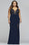 Faviana - Lace Applique V-Neck Jersey Sheath Dress 9463 in Blue