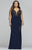Faviana - 9463 Applique V-neck Jersey Sheath Dress in Blue