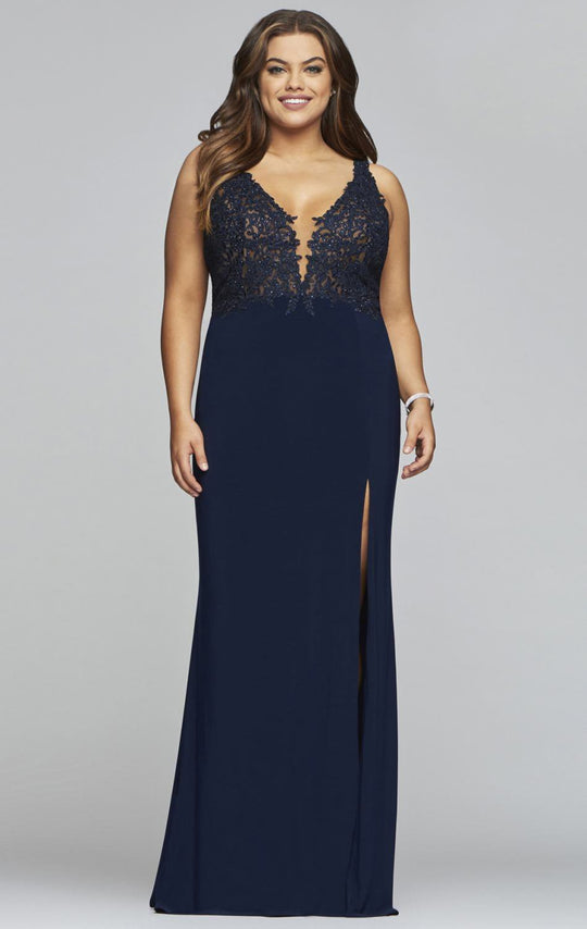 Faviana - 9463 Applique V-neck Jersey Sheath Dress in Blue