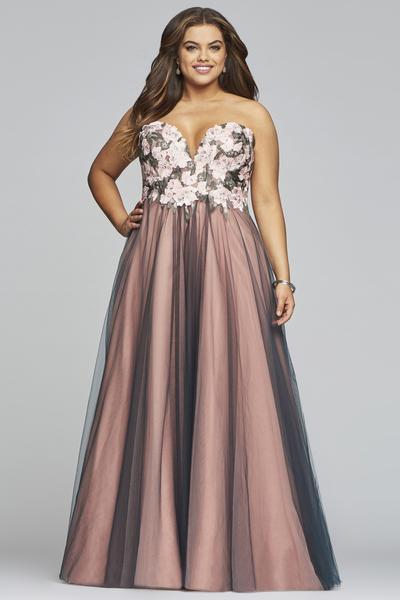 Faviana - 9467 Floral Appliqued Sweetheart A-Line Dress in Pink and Gray