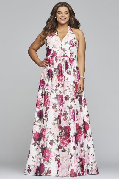 Faviana - 9468 Floral Halter A-Line Evening Dress in White and Print