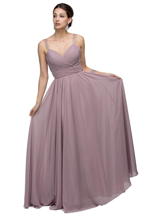 Romantic Jewel-accented Ruched V-neck Ball Gown In Brown