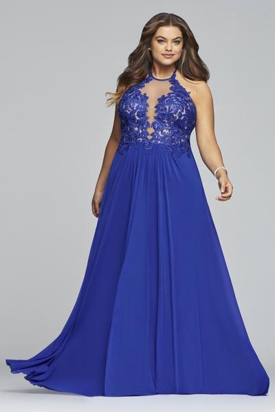 Faviana - 9472 Sleeveless Applique Halter A-line Dress in Blue