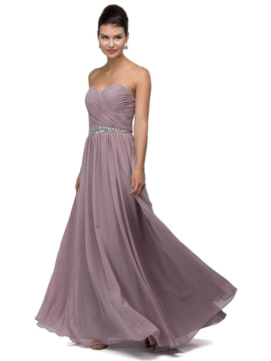 Elegant Ruched Sweetheart Jewel-encrusted Chiffon A-line Dress In Brown