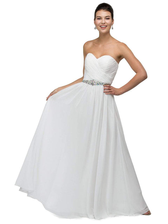 Dancing Queen - 9488 Ruched Sweetheart Jewel-encrusted Chiffon Dress I White