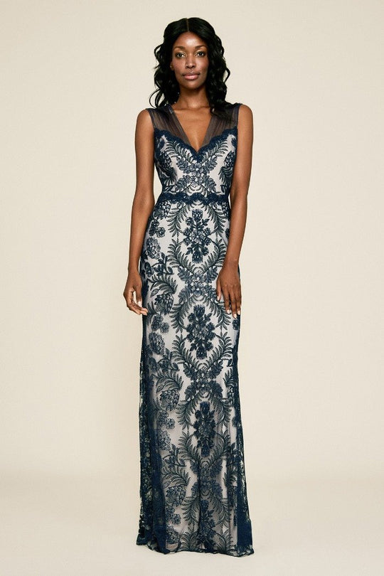 Tadashi Shoji - Embroidered Tulle V-Neck Sheath Gown In Blue and White