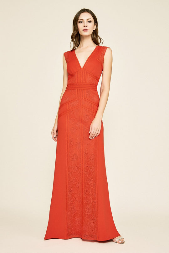 Tadashi Shoji - V-Neck and Back Sleeveless A-line Dress In Red