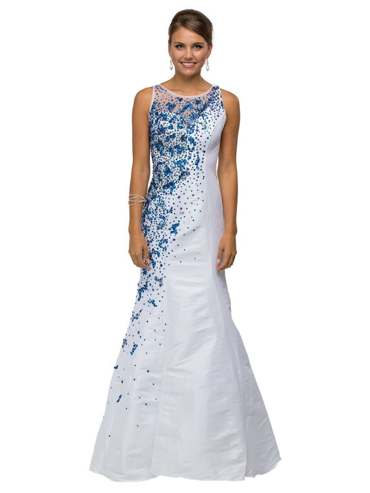 Dancing Queen 9501 Long Mermaid Style Dress with Sequin Accents in White and Blue