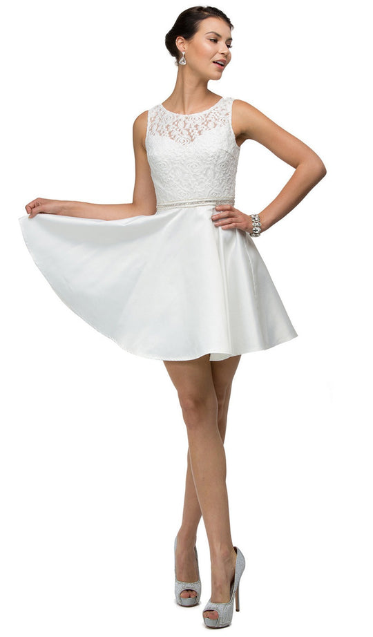 Dancing Queen - 9503 Lace Overlaid Scoop Illusion Satin Cocktail Dress In White