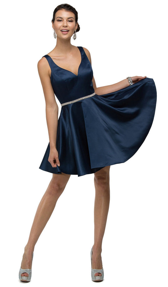 Dancing Queen - 9504 Sleeveless Sweetheart Satin Bejeweled Cocktail Dress In Blue