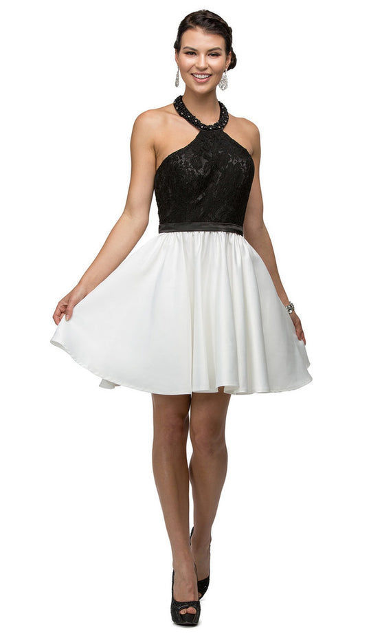 Contrast Lace Halter Satin Cocktail Dress - ADASA