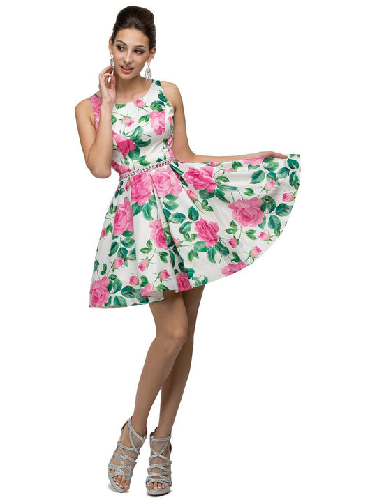 Dancing Queen - 9511 Sleeveless Scoop A-Line Dress in Pink and Floral