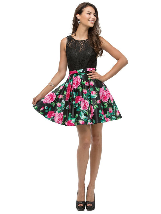 9517 Short Floral Print Illusion A-Line Dress in Black/Multi Print