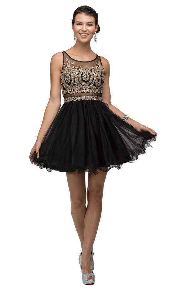 Dancing Queen - 9518 Lace Embellished Illusion A-Line Short Prom Dress In Black