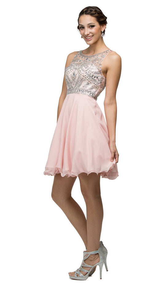 Dancing Queen - 9523 Jewel Crusted Illusion A-Line Homecoming Dress In Pink