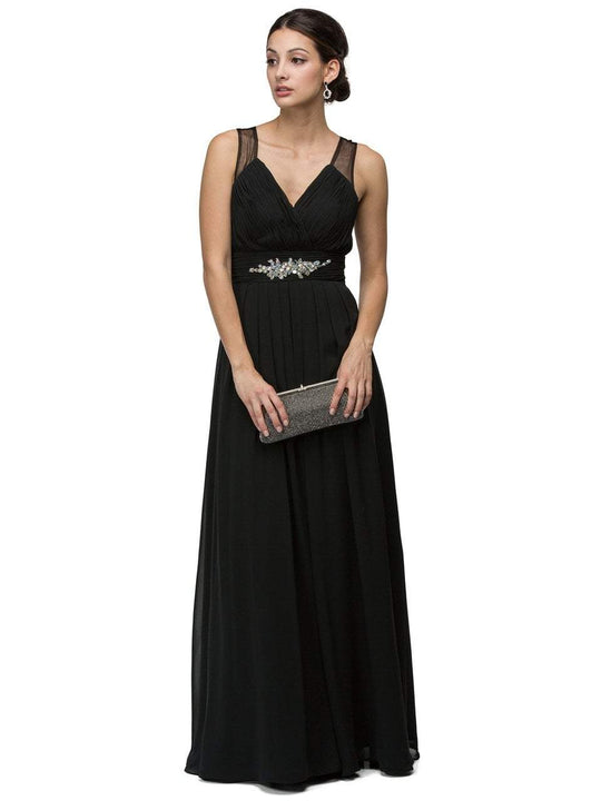 Dancing Queen - 9539 Sophisticated Ruched V-Neck Chiffon A-line Dress in Black