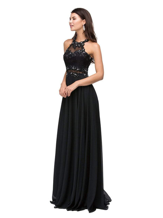 Dancing Queen - 9548 Illusion Halter Chiffon A-line Dress   in Black