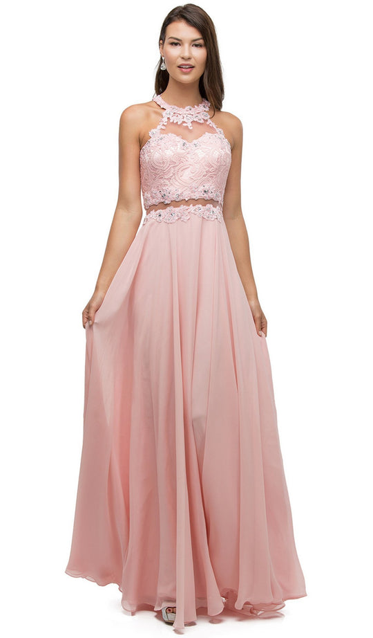 Dancing Queen - 9548 Jeweled Illusion Halter Chiffon Prom Dress In Pink