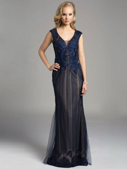 Lara Dresses - Cap Sleeve V Neck Embroidered Long Dress 32969 In Blue and Neutral