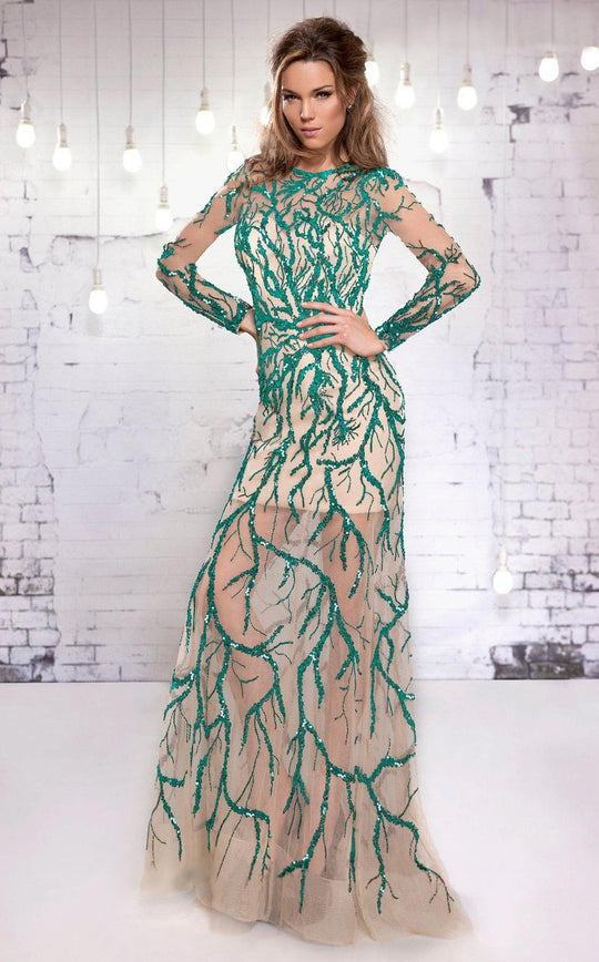 MNM Couture - 9556W Winding Embellished Evening Dress in Neutral and Green