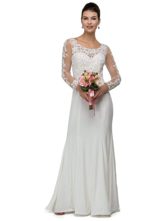 Long Sleeve Beaded Lace Applique Evening Gown In White